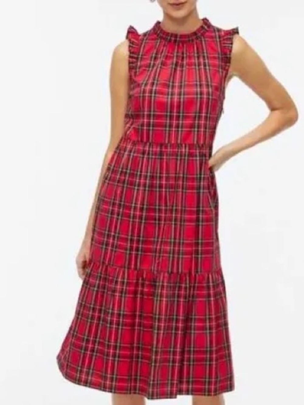 J.Crew red tartan plaid tiered midi dress